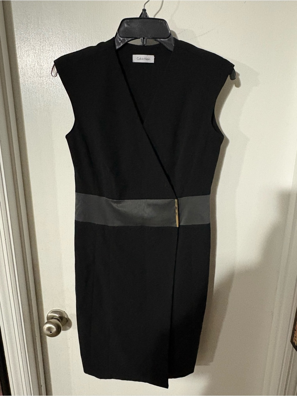 Calvin Klein Black Midi Sheath Dress with Gray Waistband